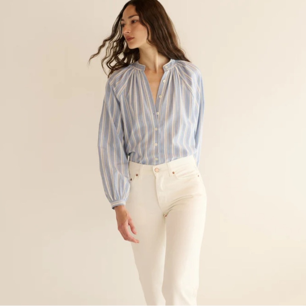 DÔEN Julienne Top in Loiret Stripe Blue White (Size M)